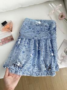 Comfortcana Plus Size Women Sequin Decor Ruffle Hem Fashionable A-Line Skirt Valentine's Day - Blue - View 6