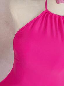 Bellisia 女士夏季海滩度假印花打结挂脖褶皱吊带泳衣 - 玫紅色 - 查看 5