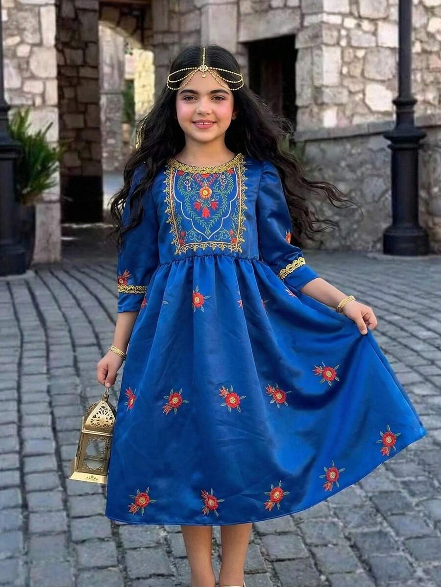 Girl's Blue Floral Retro Embroidered Mid-Length Dress,Autumn Elegant Wedding Guest Satin A-Line Gown With Puffed Sleeves And Gold Trim Decoration - Blue - View 1