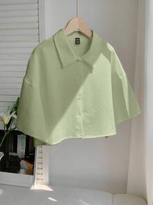 Comfortcana Áo sơ mi nữ dáng ngắn màu xanh xám dệt kim, thích hợp cho kỳ nghỉ. - Màu xanh Bạc hà - Xem 5