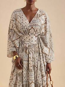 Vesra Print Deep V-Neck Oversized Bohemian Dress For Women - Multicolor - View 3