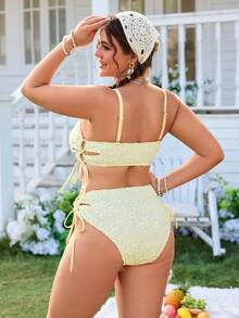 Swim Mod Plus Size 2pcs Swimsuit Set, Minimalist Design For Daily Wear, Women Summer Beach Outfit - Yellow - View 2