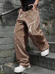 Manfinity EMRG Loose Men's Lightning Print Wide Leg Jeans - Khaki - View 3