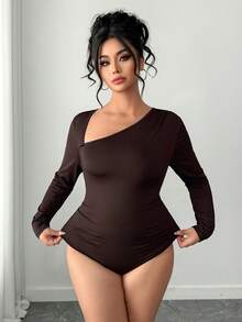 Elenzga Plus Size Brown Knitted Asymmetrical Neck Long Sleeve Bodysuit,Women's Autumn Classy Night Out Club Oblique Shoulder Plain Minimalist Casual Body Suit - Brown - View 1