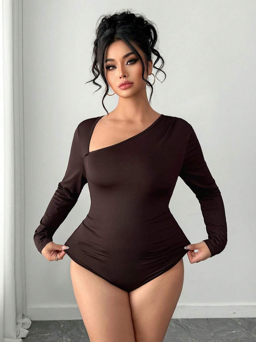 Elenzga Plus Size Brown Knitted Asymmetrical Neck Long Sleeve Bodysuit,Women's Autumn Classy Night Out Club Oblique Shoulder Plain Minimalist Casual Body Suit - Brown - View 1
