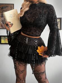 Whyspr Áo thun dài tay cổ tròn dáng rộng in hình đầu lâu, cỡ lớn, kiểu Punk/Goth. - màu đen - Xem 7