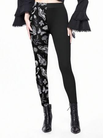 Gothic Dark Forest Mushroom Skull Sun Moon Star Bat Butterfly Plant Sexy Skinny Leggings For Women