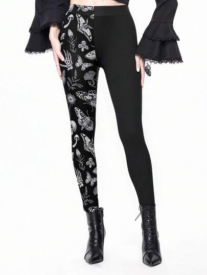 Gothic Dark Forest Mushroom Skull Sun Moon Star Bat Butterfly Plant Sexy Skinny Leggings For Women