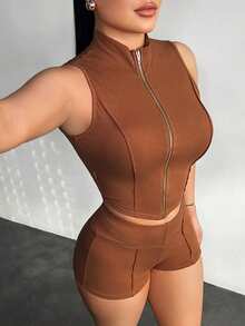 SHEIN SXY 女士休闲运动拉链紧身短裤套装 - 棕色 - 查看 3