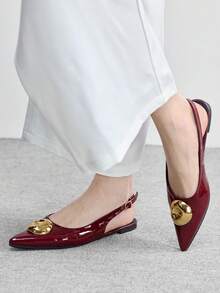 CUCCOO BIZCHIC 1 Pair Sexy Strap Pointed Toe Metallic Buckle Patent Leather Women Pumps Valentine's Day - Burgundy - View 1