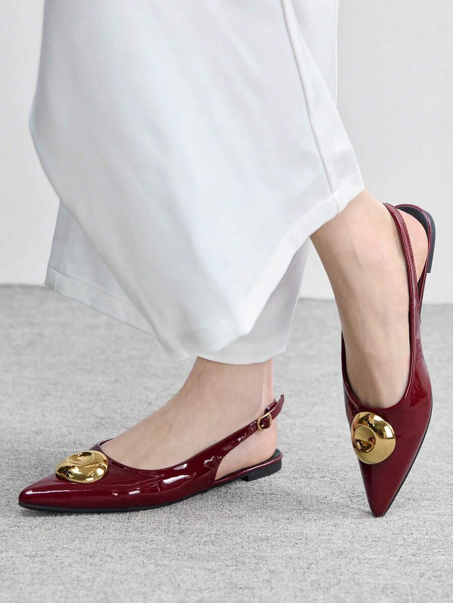 CUCCOO BIZCHIC 1 Pair Sexy Strap Pointed Toe Metallic Buckle Patent Leather Women Pumps Valentine's Day - Burgundy - View 1