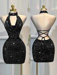 Franclia Fashionable Sexy Halter Backless Tie-Waist Bodycon Mini Dress For Women - Black - View 3