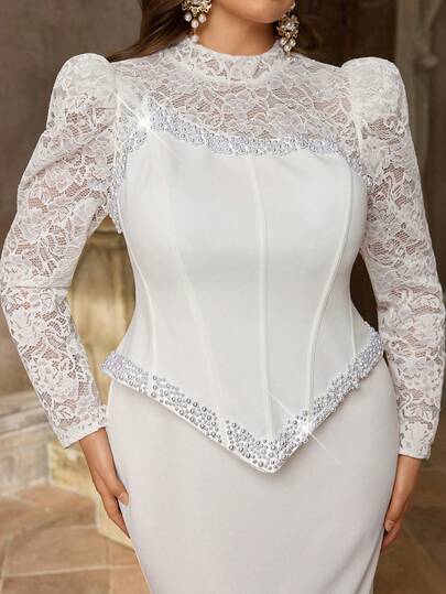 Aureia Plus Size Elegant Luxurious Romantic White Lace Patchwork Elastic Material Asymmetric Collar Beaded Crafted Gigot Sleeve Fitted Mermaid Hem Backless Tie Bridal Wedding Dress