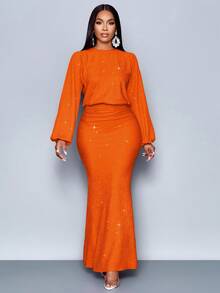 SOLERSUN 适合圣诞派对、度假、约会和情人节的粉色优雅美人鱼下摆修身性感连衣裙长款女装 - 橘色 - 查看 4