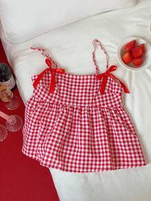 Comfortcana 2026 新款春夏时尚女装休闲可爱乡村度假风格纹蝴蝶结装饰吊带娃娃衫，夏季女装上衣，情人节派对上衣，海滩外出上衣，优雅女士度假上衣，女士休闲上衣，Y2K 风格红色上衣 - 酒紅色 - 查看 3