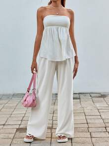 SHEIN EZwear 女士时尚纯色抹胸 A 字型衬衫，女士休闲荷叶边下摆，褶皱细肩带修身米色粘胶纯色女士上衣，春夏，派对/夜店服装