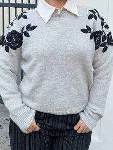 NegzBox 秋冬女士时尚休闲圆领长袖毛衣 - 灰色 - 查看 3