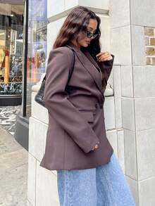 NegzBox Áo khoác Blazer nữ màu trơn hai hàng khuy phong cách công sở, đi làm, mùa thu - Cà phê nâu - Xem 6
