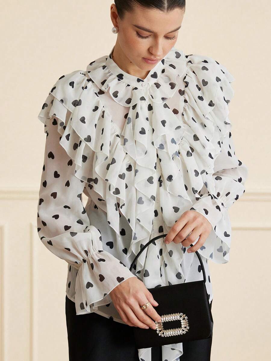 Aveloria Revavyn Vintage White Base Black Heart Multi-Layer Ruffle Trim Long Sleeve Shirt,Elegant French Style White And Black Autumn Dinner Date Commute Blouse - Black and White - View 1