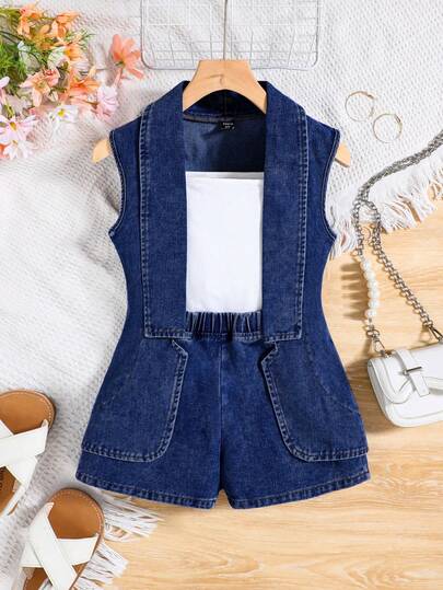 SHEIN Tween Girl Denim Sleeveless Jacket + White Camisole + Blue Denim Shorts 3-Piece Set