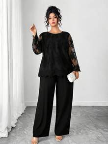 Elenzga 大码女式蕾丝拼接长袖上衣和阔腿裤休闲日常度假套装 - 黑色 - 查看 1