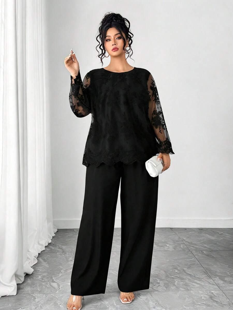 Elenzga 大码女式蕾丝拼接长袖上衣和阔腿裤休闲日常度假套装 - 黑色 - 查看 1