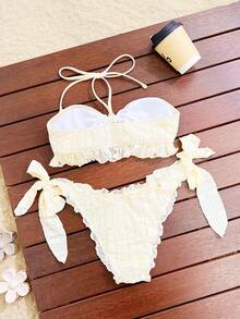 Swim SXY Set bikini sexy și drăguț, cu volane, din material jacquard, culoare uni, cu legături în față și halter, costum de baie din 2 piese pentru femei - Bej - Vizualizare 3