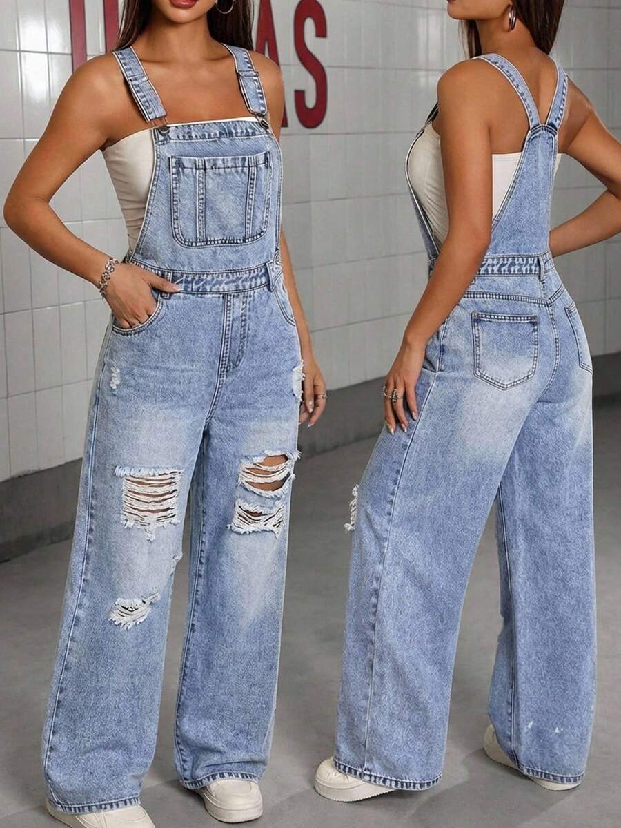 SHEIN Bộ đồ liền thân denim mềm mại thoải mái, họa tiết trái tim, cầu vồng thời trang mới cho bé gái tuổi teen - Rửa trung bình - Xem 1