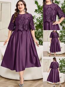 Reflora Plus Size Women Crew Neck Short Sleeve Jacquard Elegant Dress - Purple - View 1