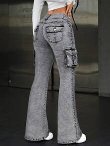 SHEIN ICON 复古纯色斜插口袋休闲百搭工装喇叭牛仔裤 - 灰色 - 查看 2