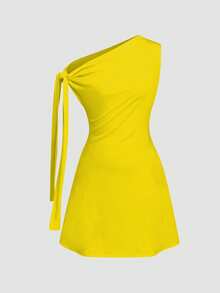Celisse 女士不对称系带腰部短裙 - 芥末黃 - 查看 4