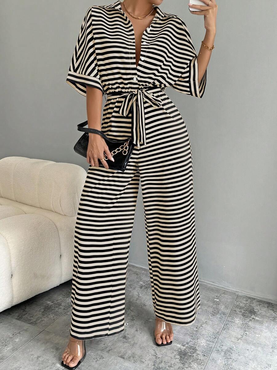 SHEIN LUNE Bộ áo liền quần nữ tay cánh dơi buộc dây in họa tiết sọc - Nhiều màu - Xem 1