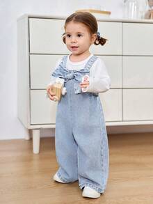 SHEIN Baby Mädchen 3D Schleife Dekor Blaue Jeans Locker Jumpsuit Hose - Helle Waschung - Übersicht 6