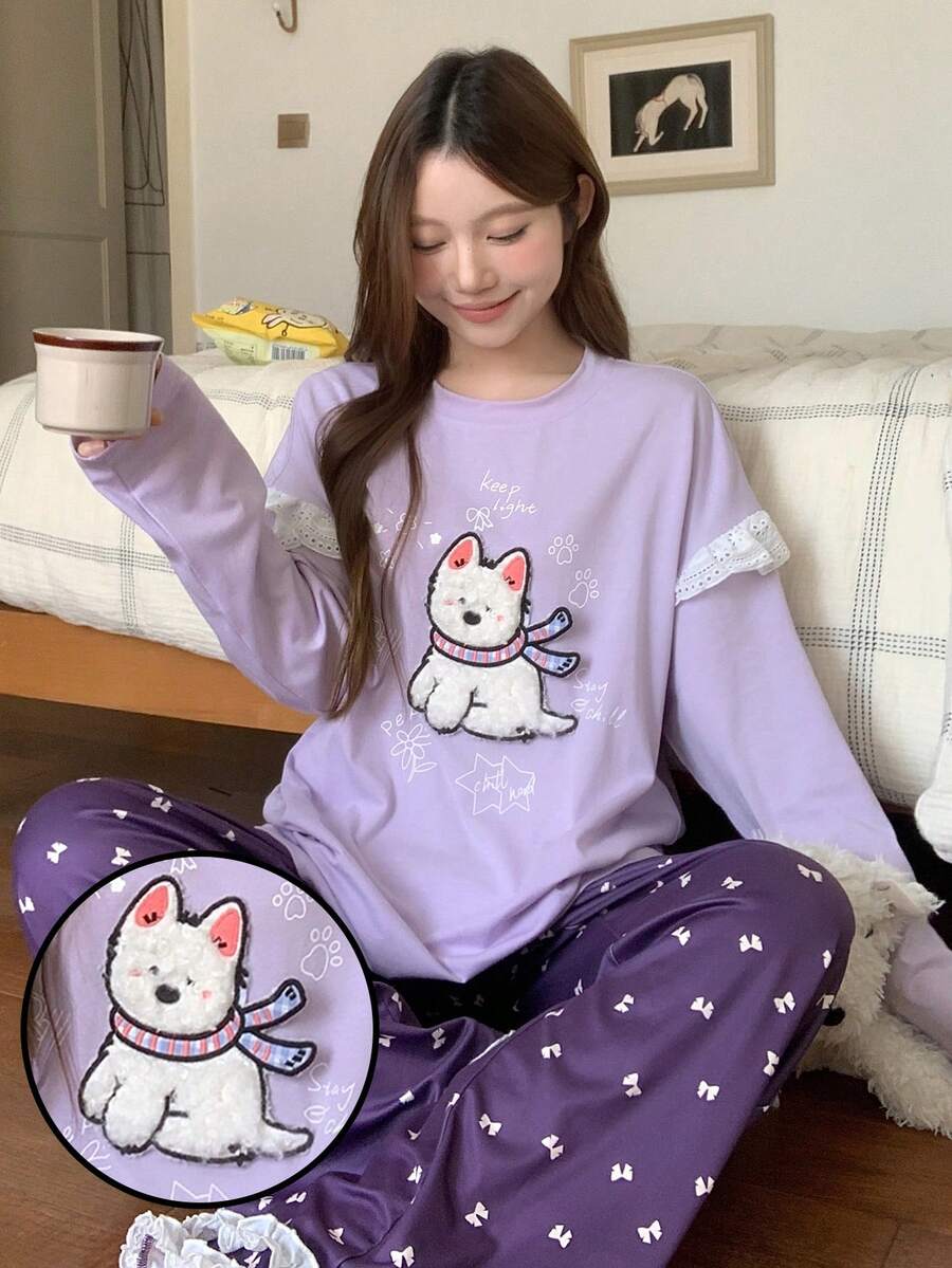 DAZY 2件套毛绒小狗图案宽松长袖T恤和蕾丝拼接蝴蝶结印花长裤睡衣套装，女士秋季款 - 紫色 - 查看 1