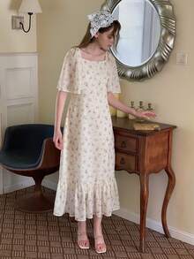 DAZY 少女方领碎花短袖休闲夏季连衣裙 - 杏色 - 查看 4