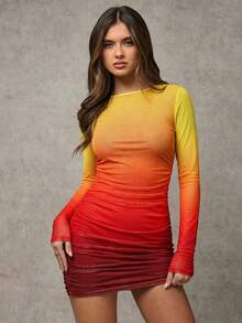 SHEIN BAE Women's Ombre Color Round Neck Long Sleeve Fitted Dress - Red - View 5