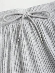 Sweetra Women's New Spring/Autumn/Winter Suitable For Outings, Commuting, Casual, Home, Office, Solid Color Plush Ribbed Fabric Open Front Decorative Waist Ruched Design Adjustable Waistband Textured Fabric 2-Piece Set - Grey - View 5