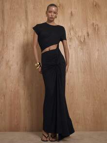 MUSERA Maxikleid mit geraffter Taille, ausgeschnittenem Ausschnitt und Drapierung im T-Shirt-Stil, niedlich, sexy, für Ausgehen, Abendparty, Valentinstag, Frühling, Sommer, Feiertage, Hochzeitsgast, elegant, Abschlussfeier - Schwarz - Übersicht 1