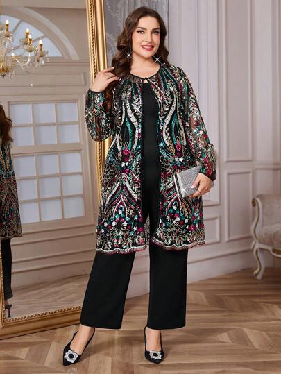 Reflora 大码女装三件套：蓝色网纱刺绣外套、修身吊带背心和长裤，优雅套装