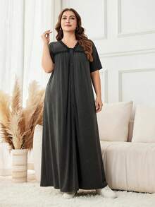 Lacomfia V-Neck Casual Everyday Fashionable Simple Gray Dress For Women Plus Size, With Knit Patchwork Lace Rivet Decor Design, Short Sleeve, Flared Hem - Dark Grey - View 6