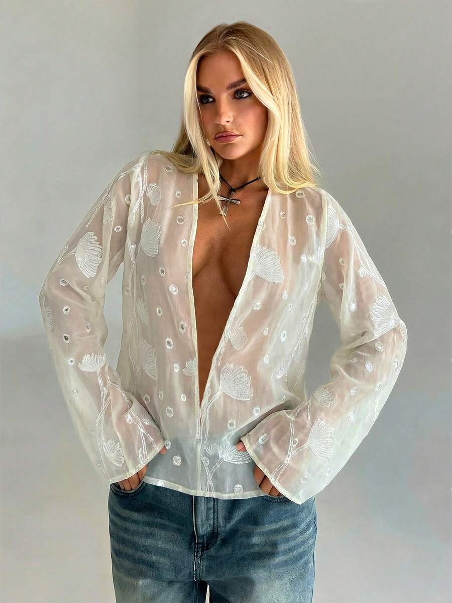 Aloruh 性感透视深V喇叭袖宽松波西米亚风女式衬衫 - 杏色 - 查看 1