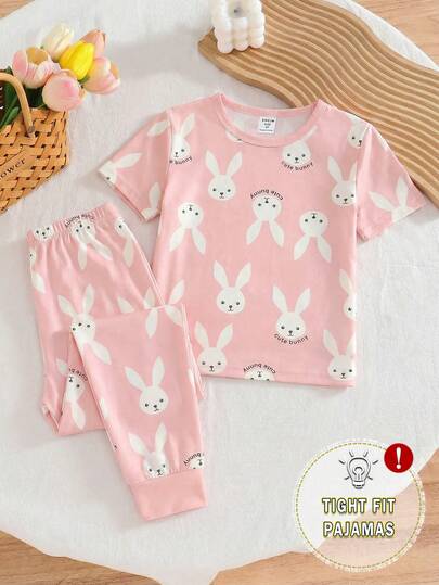 2pcs/Set Young Girl' Pink Rabbit Print Round Neck Short Sleeve Top And Leggings Knit Stretchy Fabric Comfortable Soft Fitted Cute Sweet Pajamas Snug Fit Cute Bunny Pajama Set