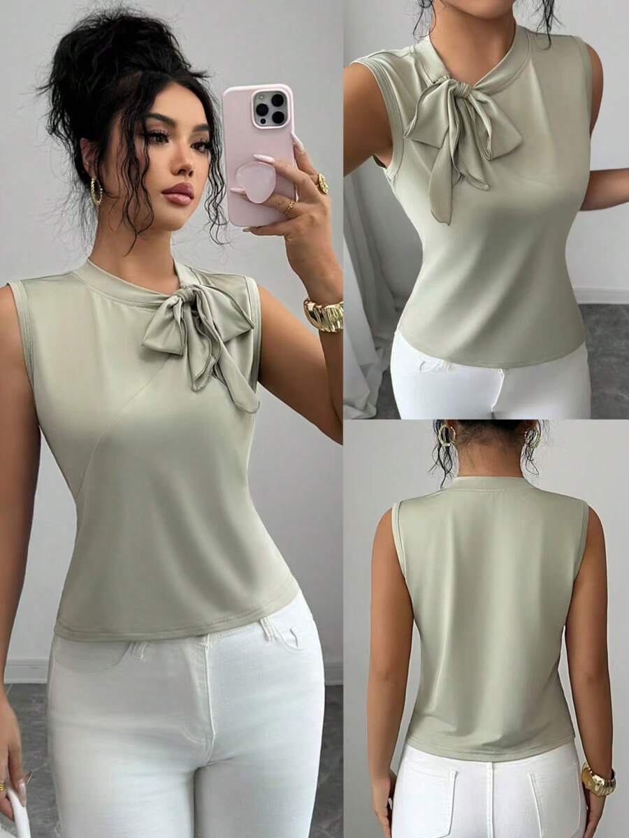 Aalyst Women's Fashion Loose Scoop Neck Sleeveless Tank Top, Tie Neck & Fishbone Splice Design, Versatile Casual Tank Top - Green - View 1