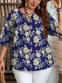 EMERY ROSE Camisa azul de talla grande, casual y elegante, con estampado de textura similar al bordado, adecuada para primavera y otoño - Multicolor - Ver 3