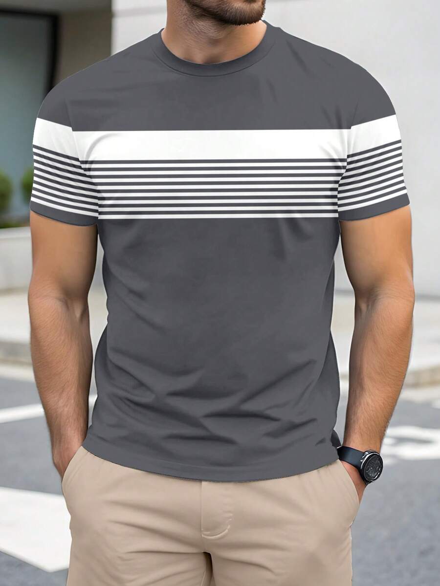 Manfinity Homme 简约灰白条纹撞色印花休闲修身短袖男士T恤 - 灰色 - 查看 1