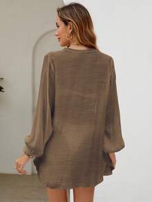 Swim Lushoire 女士夏季海灘V領長袖純色休閒和服 - 咖啡棕 - 查看 3