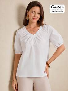 Miaspire Women's Casual All White Summer Basics Shirt, V-Neck Puff Sleeve Brunch Top,Textured Floral Pattern Ruffled Neckline Work Blouse - White - View 3