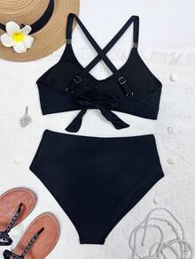 Swim Lushoire Bộ bikini cạp cao xoắn nhún gợi cảm mới dành cho phụ nữ trưởng thành - màu đen - Xem 2