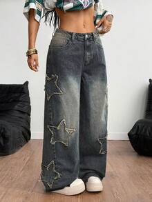 Coolane Women's Winter/All-Season Streetwear  Hippie   Music Festival Party Casual Preppy Vintage Basic Star Patched Dirty Washed Comfortable Baggy  Jeans - Navy Blue - View 6