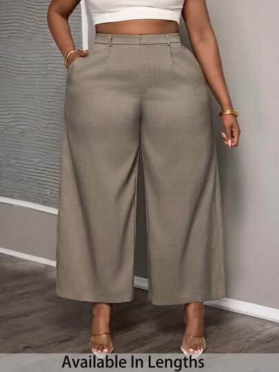 SHEIN PETITE CURVE Plus Size Casual Versatile Commuting Solid Color Wide Leg Pants